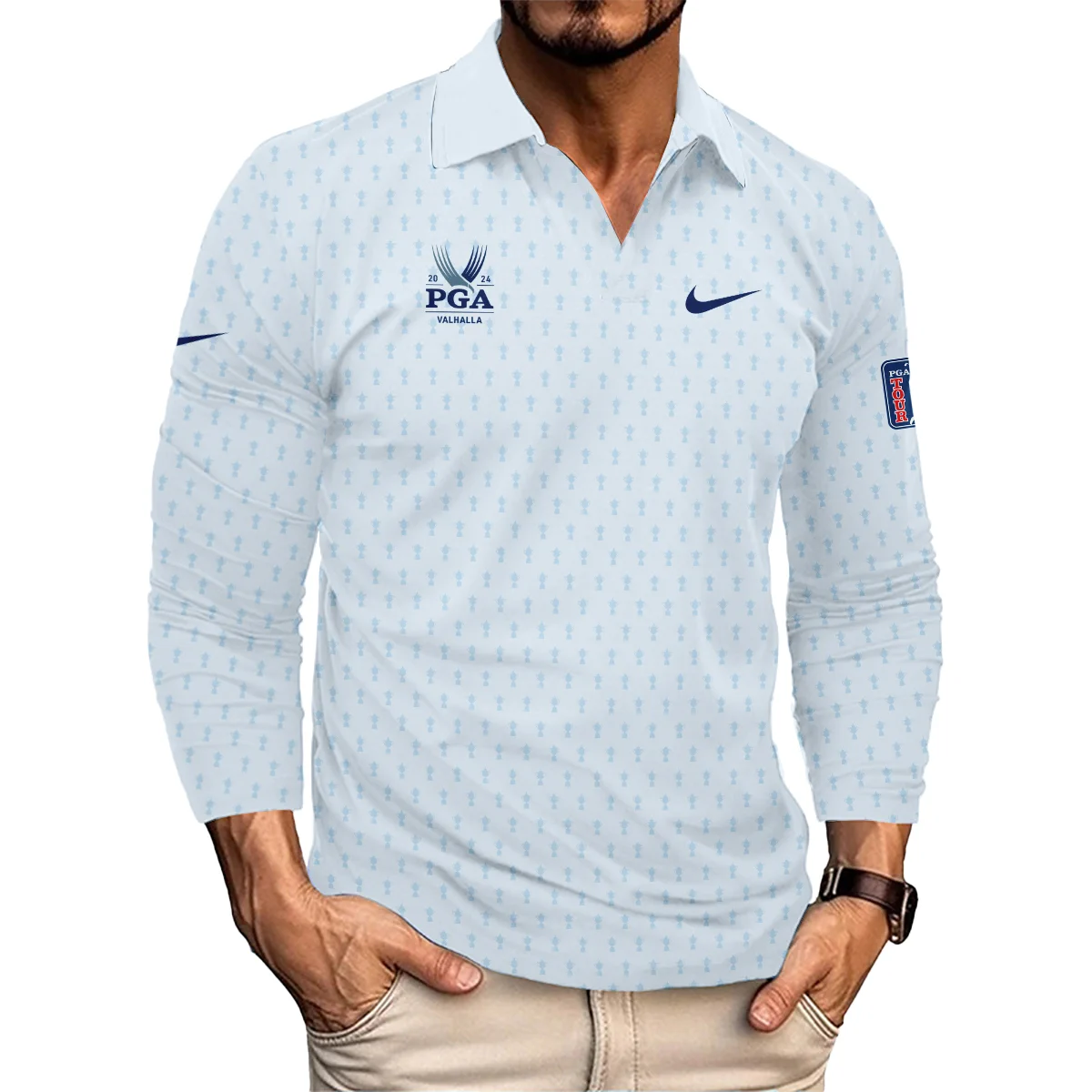 Golf Pattern Cup White Mix Light Blue 2024 PGA Championship Valhalla Nike Style Classic, Short Sleeve Polo Shirts Quarter-Zip Casual Slim Fit Mock Neck Basic