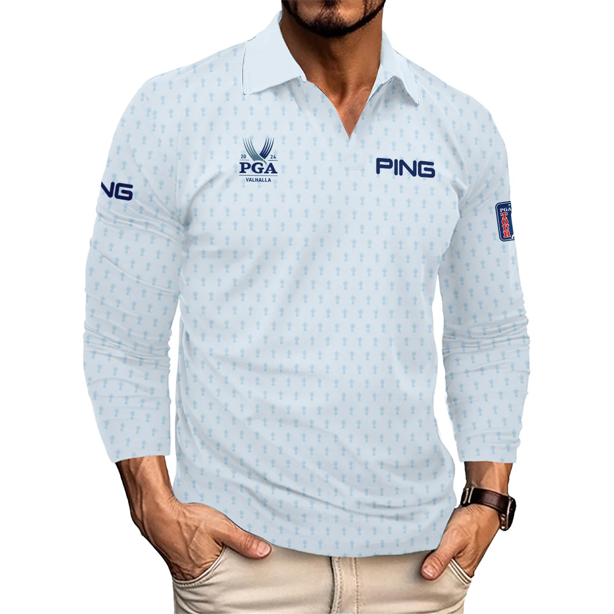 Golf Pattern Cup White Mix Light Blue 2024 PGA Championship Valhalla Ping Vneck Long Polo Shirt Style Classic Long Polo Shirt For Men