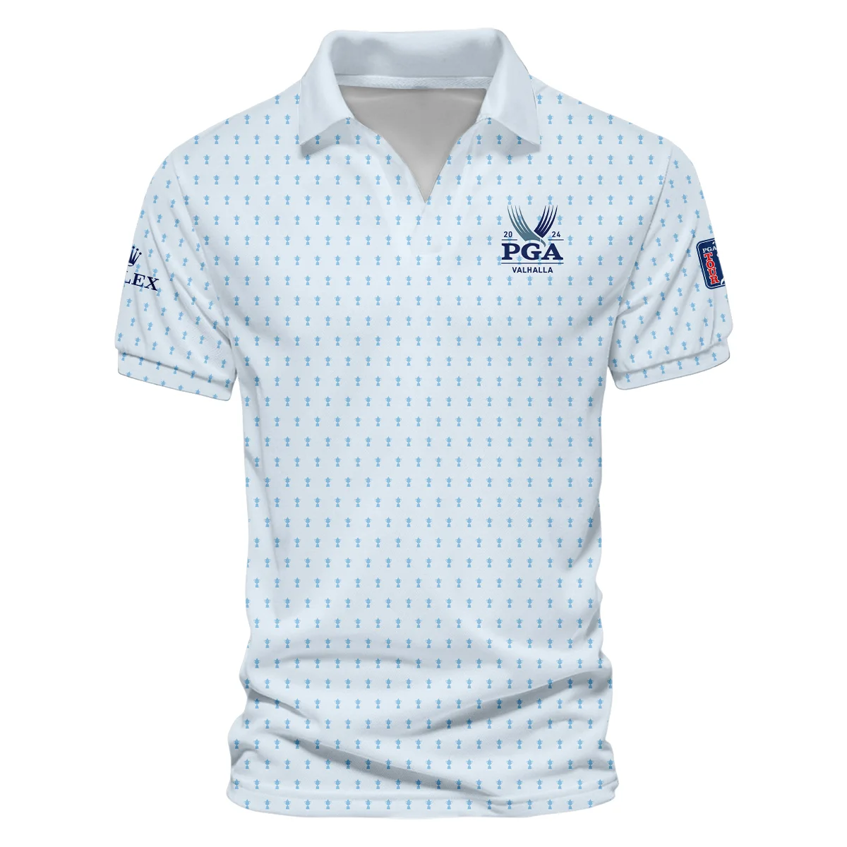 Golf Pattern Light Blue Cup 2024 PGA Championship Valhalla Rolex Polo Shirt Mandarin Collar Polo Shirt