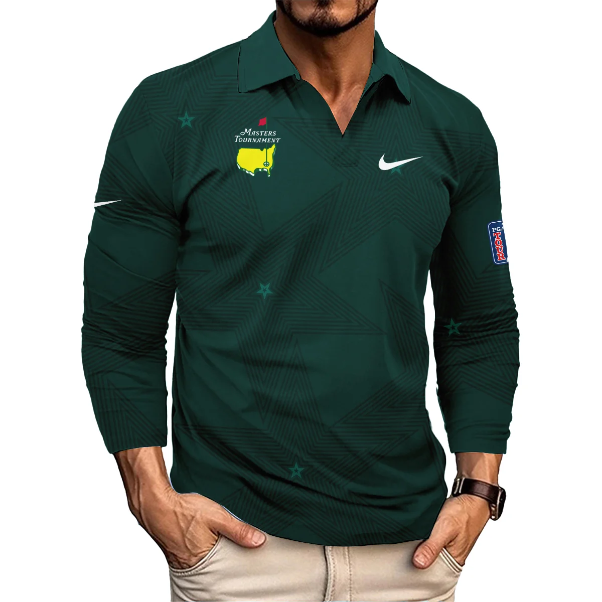 Golf Pattern Stars Dark Green Masters Tournament Nike Vneck Long Polo Shirt Style Classic Long Polo Shirt For Men