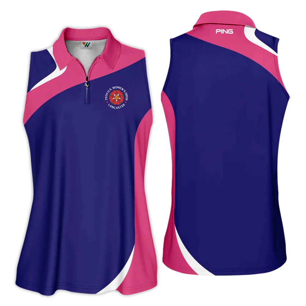 Golf Sport 79th U.S. Women’s Open Lancaster Ping Zipper Sleeveless Polo Shirt Navy Mix Pink All Over Print Zipper Sleeveless Polo Shirt For Woman