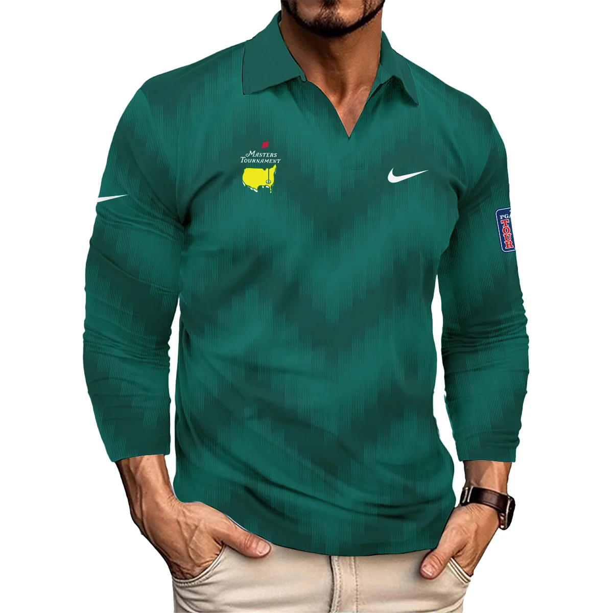 Golf Sport Green Gradient Stripes Pattern Nike Masters Tournament Vneck Long Polo Shirt Style Classic Long Polo Shirt For Men
