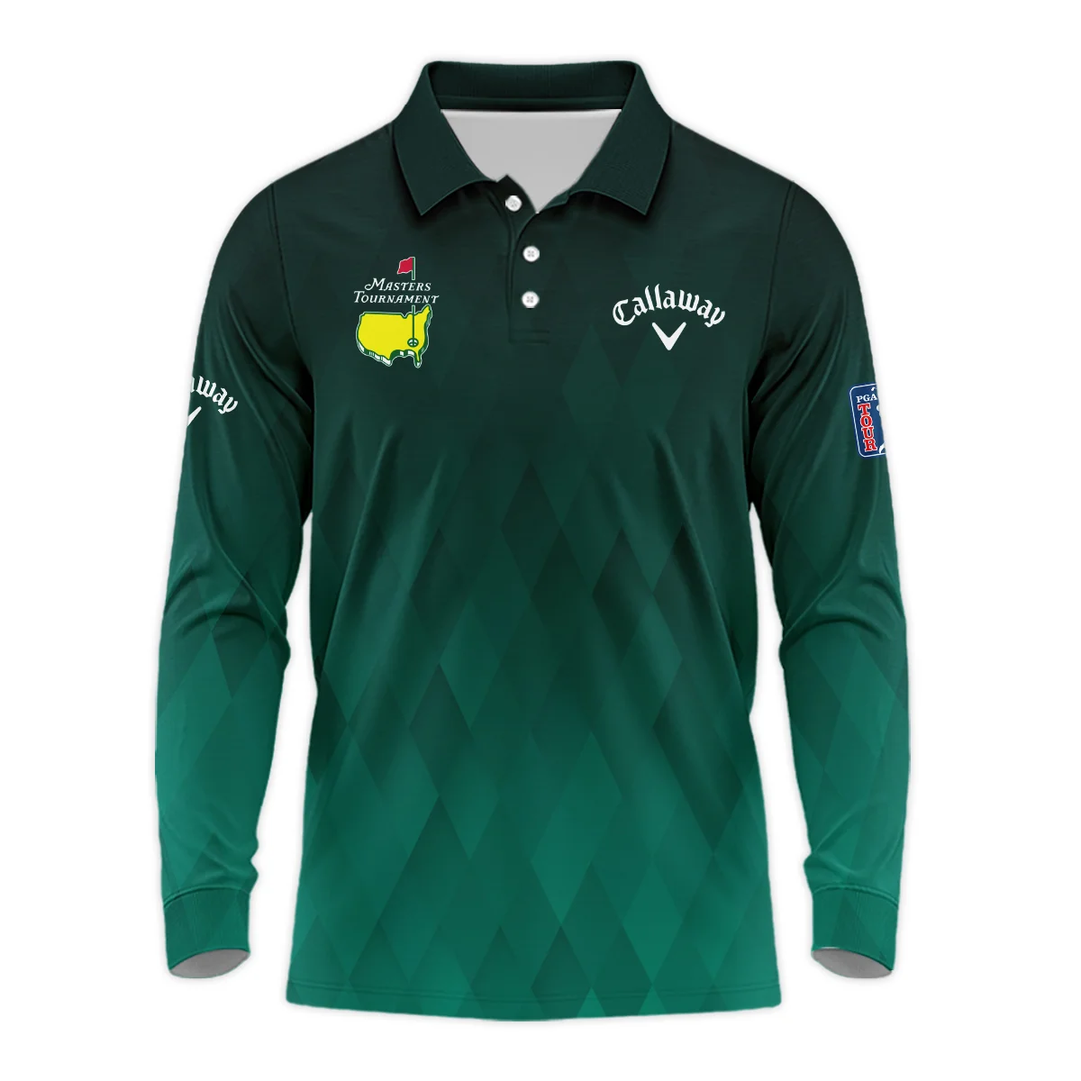 Gradient Dark Green Geometric Pattern Masters Tournament Callaway Vneck Long Polo Shirt Style Classic Long Polo Shirt For Men