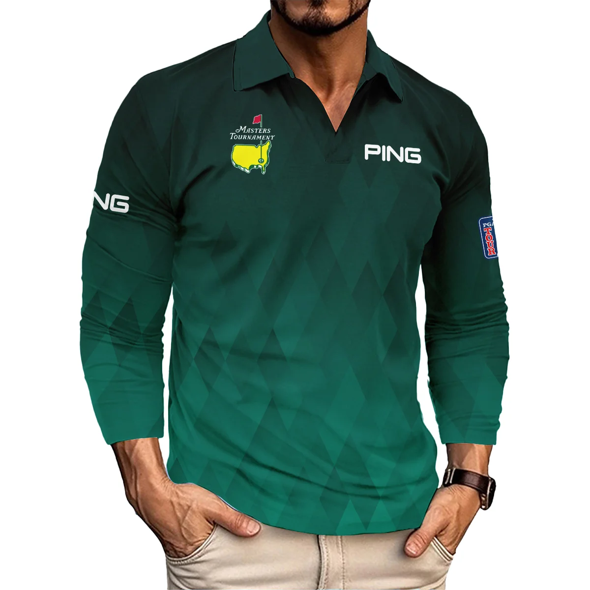 Gradient Dark Green Geometric Pattern Masters Tournament Ping Long Polo Shirt Style Classic Long Polo Shirt For Men