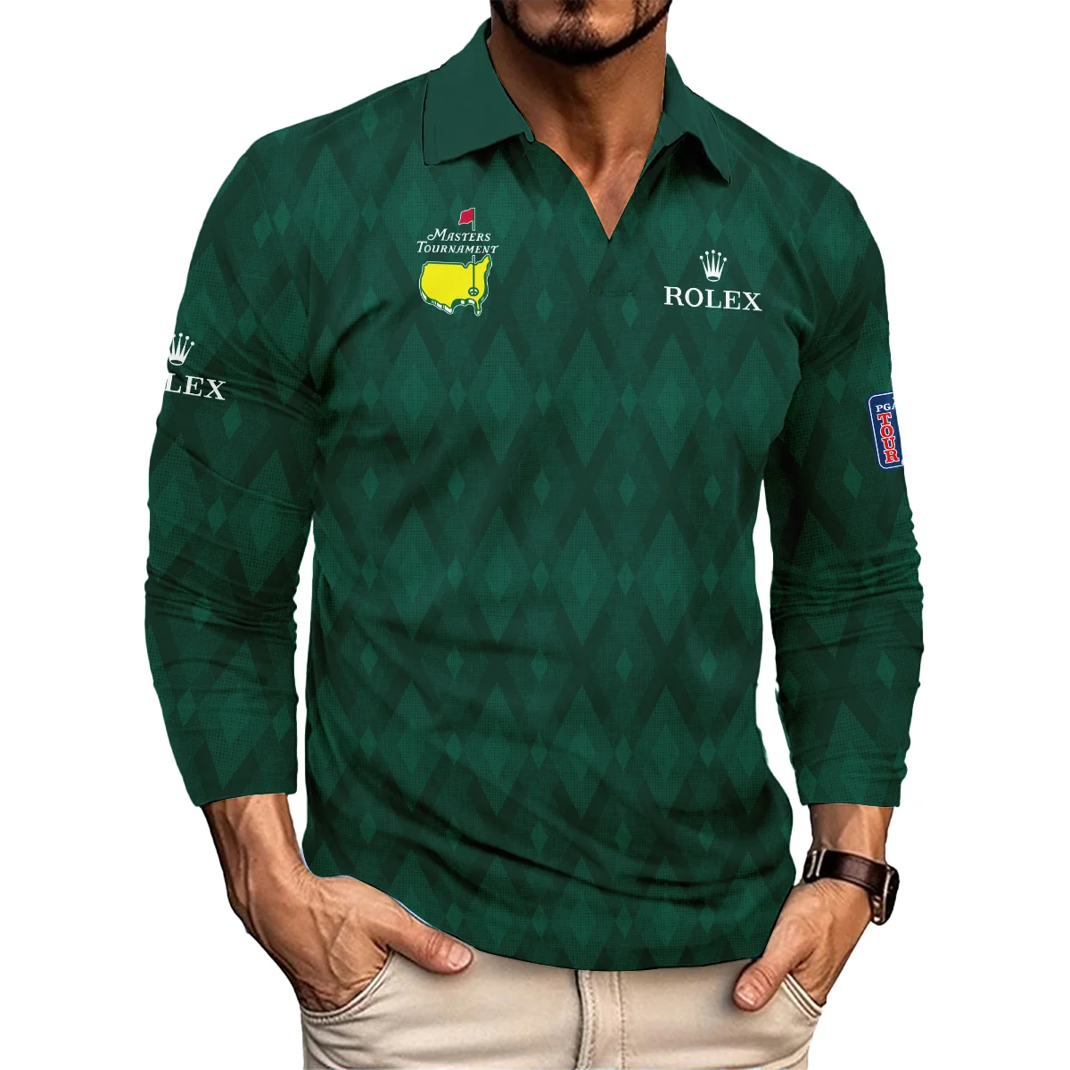Green Fabric Ikat Diamond pattern Masters Tournament Rolex Long Polo Shirt Style Classic Long Polo Shirt For Men