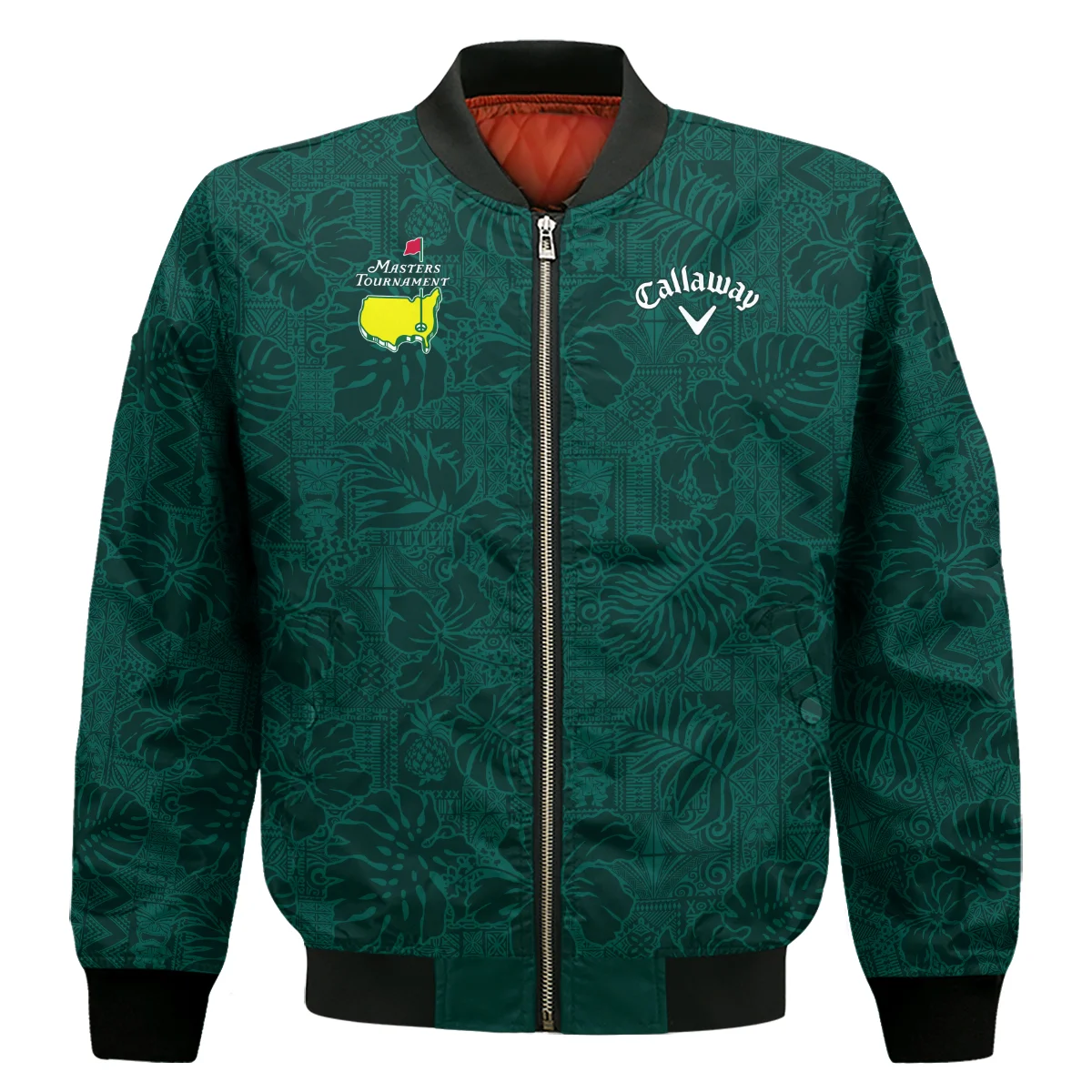 Hibiscus And Tropical Leaves With Tribal Elements Pattern Golf Masters Tournament Callaway Bomber Jacket Style Classic Bomber Jacket