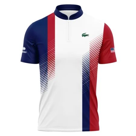 Lacoste Blue Red Straight Line White US Open Tennis Champions Mandarin collar Quater-Zip Long Sleeve