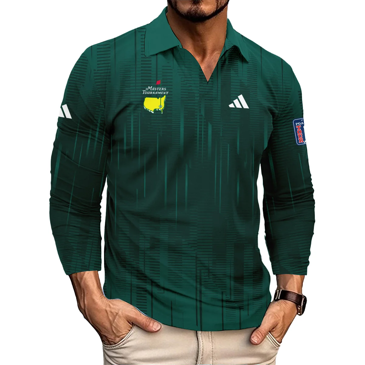 Masters Tournament Adidas Dark Green Gradient Stripes Pattern Vneck Long Polo Shirt Style Classic Long Polo Shirt For Men