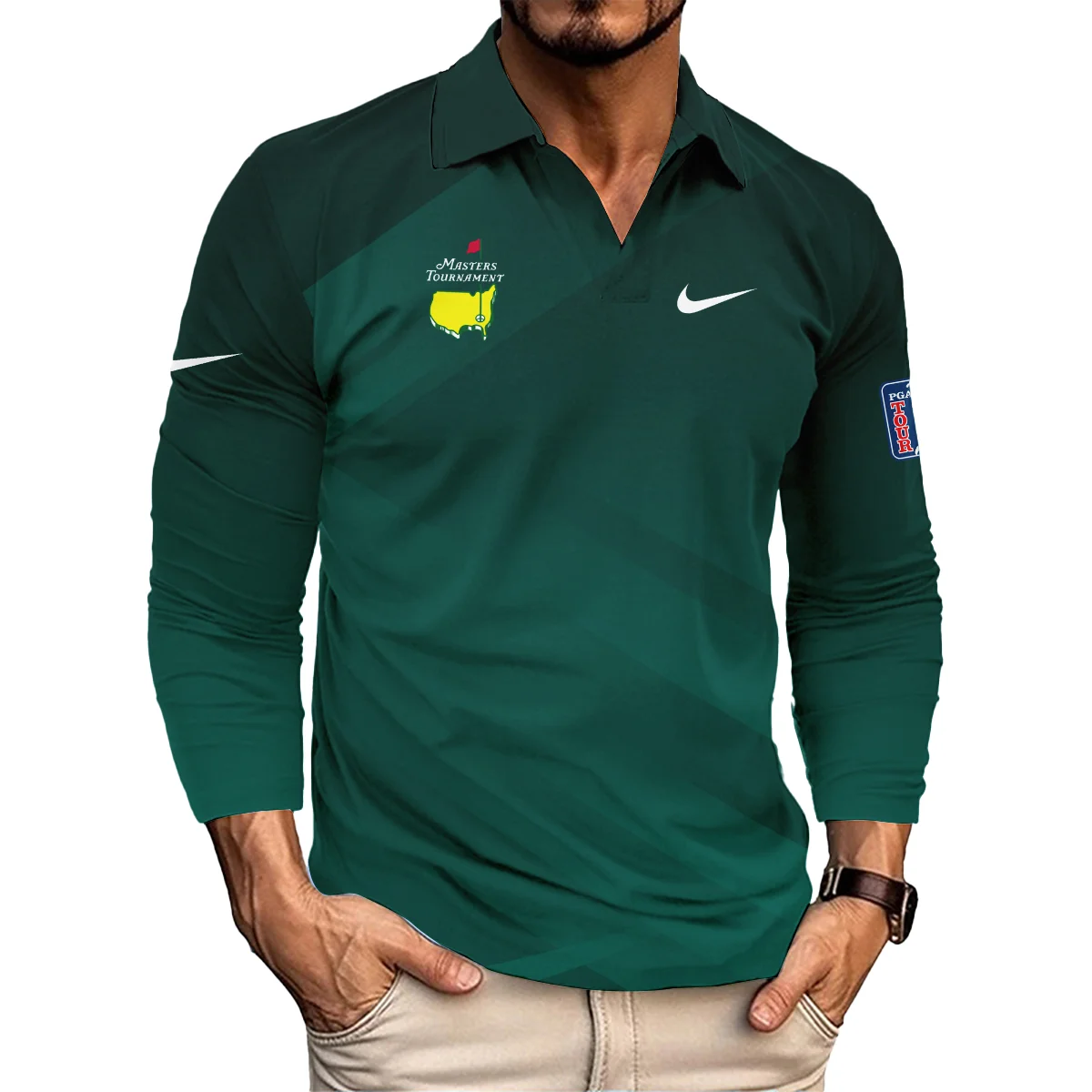 Masters Tournament Dark Green Gradient Golf Sport Nike Vneck Long Polo Shirt Style Classic Long Polo Shirt For Men