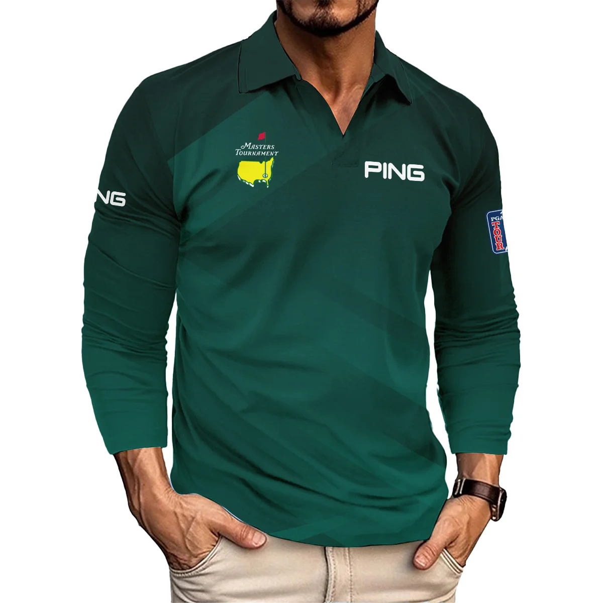 Masters Tournament Dark Green Gradient Golf Sport Ping Vneck Long Polo Shirt Style Classic Long Polo Shirt For Men