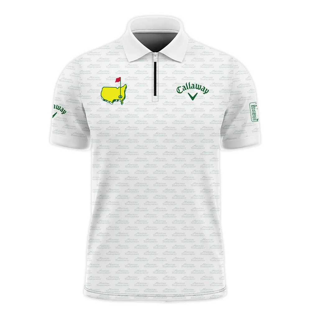 Masters Tournament Golf Callaway Zipper Polo Shirt Logo Text Pattern White Green Golf Sports All Over Print Zipper Polo Shirt For Men