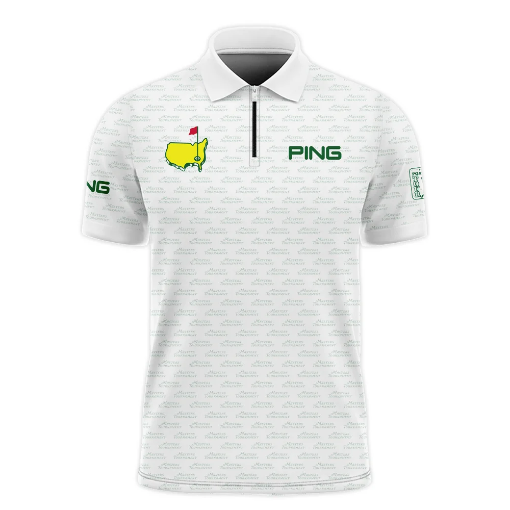 Masters Tournament Golf Ping Zipper Polo Shirt Logo Text Pattern White Green Golf Sports All Over Print Zipper Polo Shirt For Men
