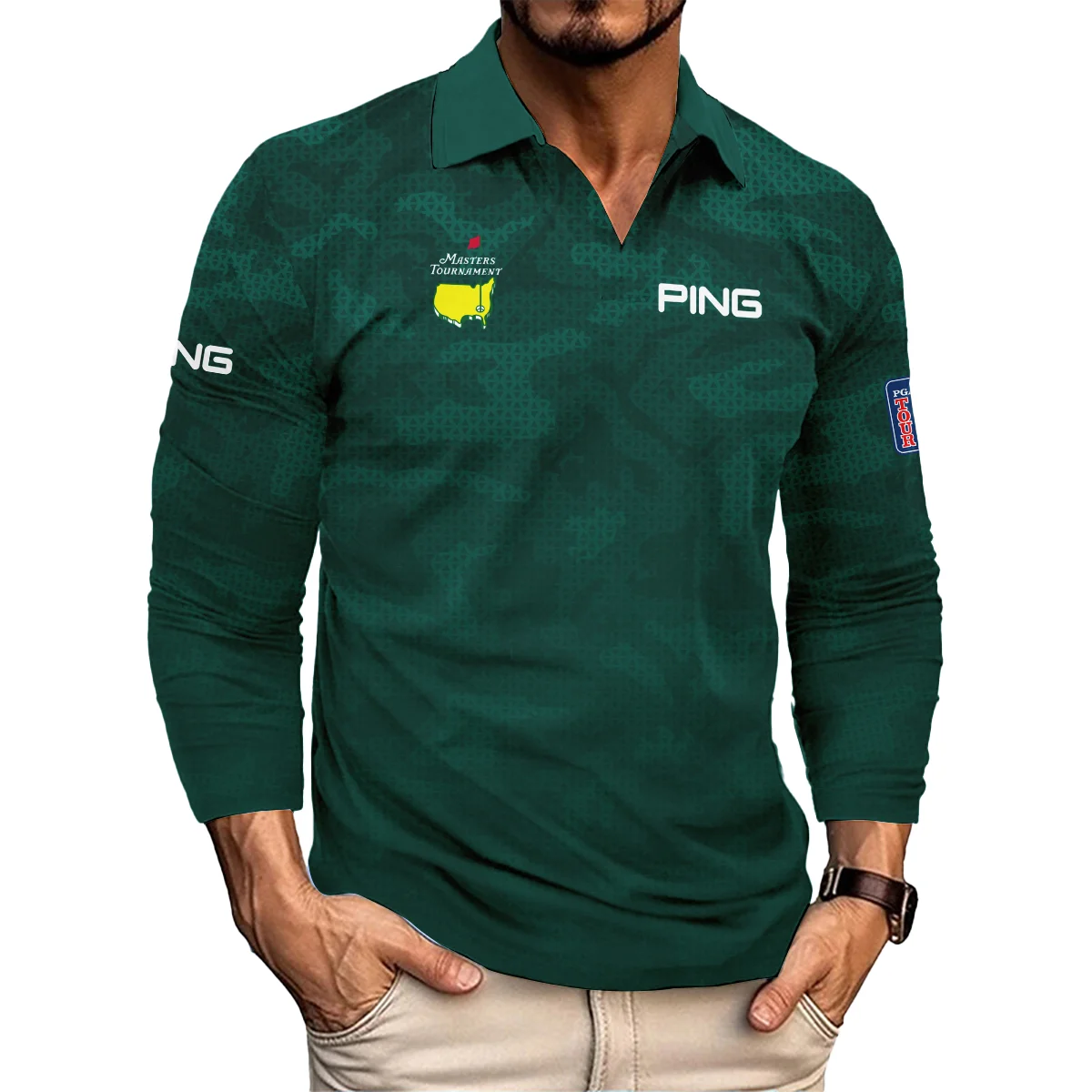 Masters Tournament Ping Camo Sport Green Abstract Vneck Long Polo Shirt Style Classic Long Polo Shirt For Men