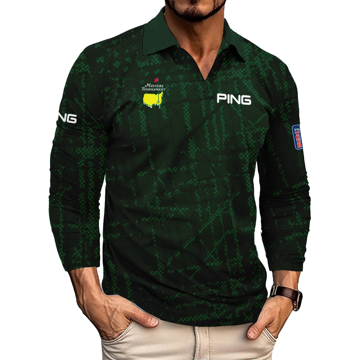 Masters Tournament Ping Golf Pattern Halftone Green Vneck Long Polo Shirt Style Classic Long Polo Shirt For Men