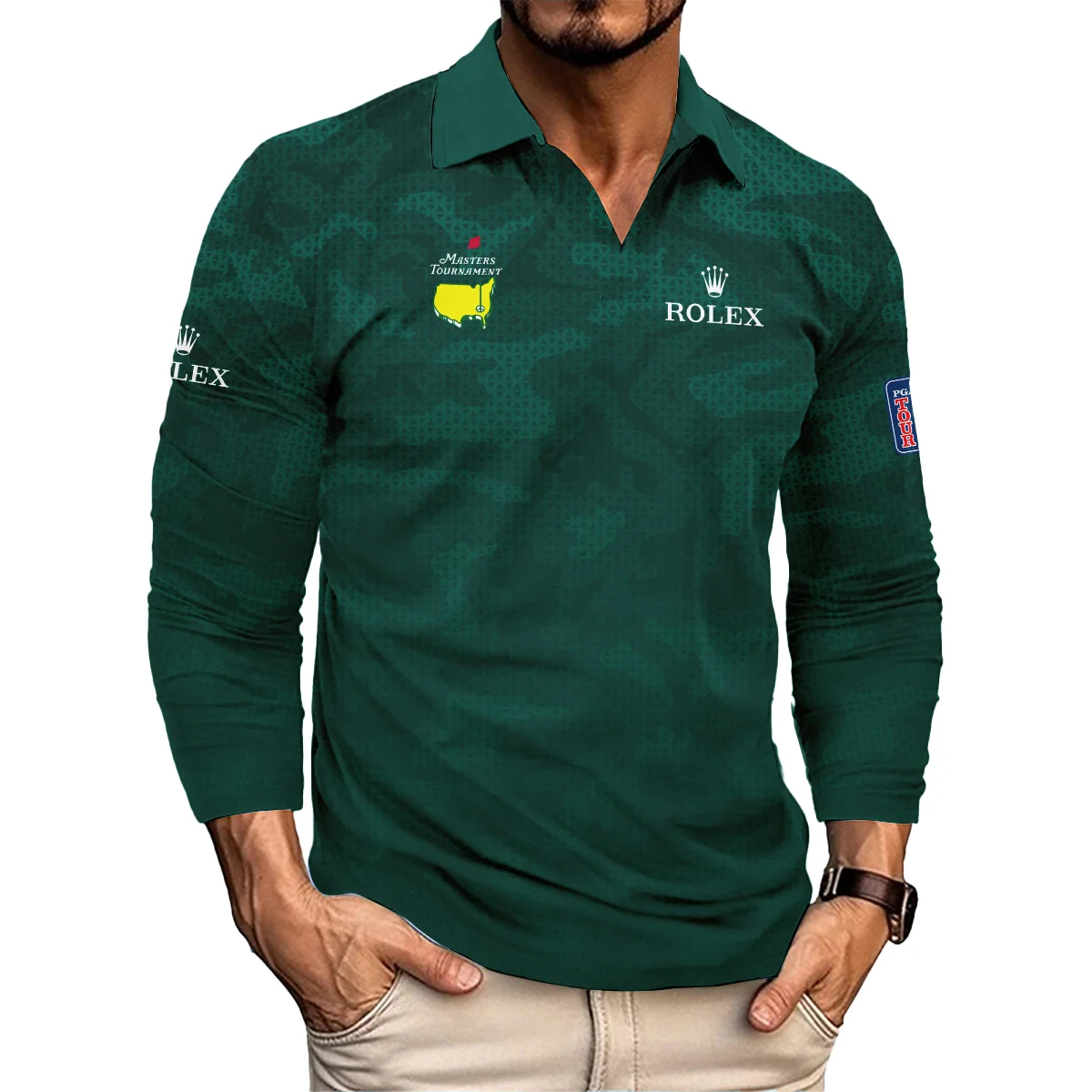 Masters Tournament Rolex Camo Sport Green Abstract Vneck Long Polo Shirt Style Classic Long Polo Shirt For Men
