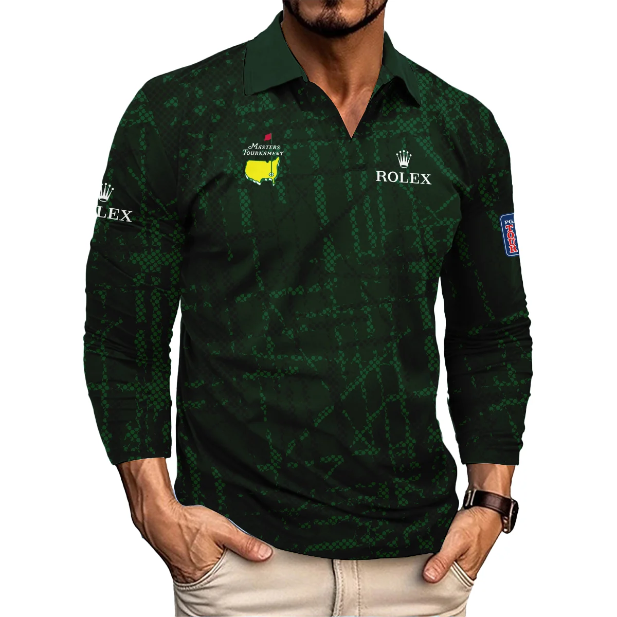 Masters Tournament Rolex Golf Pattern Halftone Green Vneck Polo Shirt Style Classic Polo Shirt For Men
