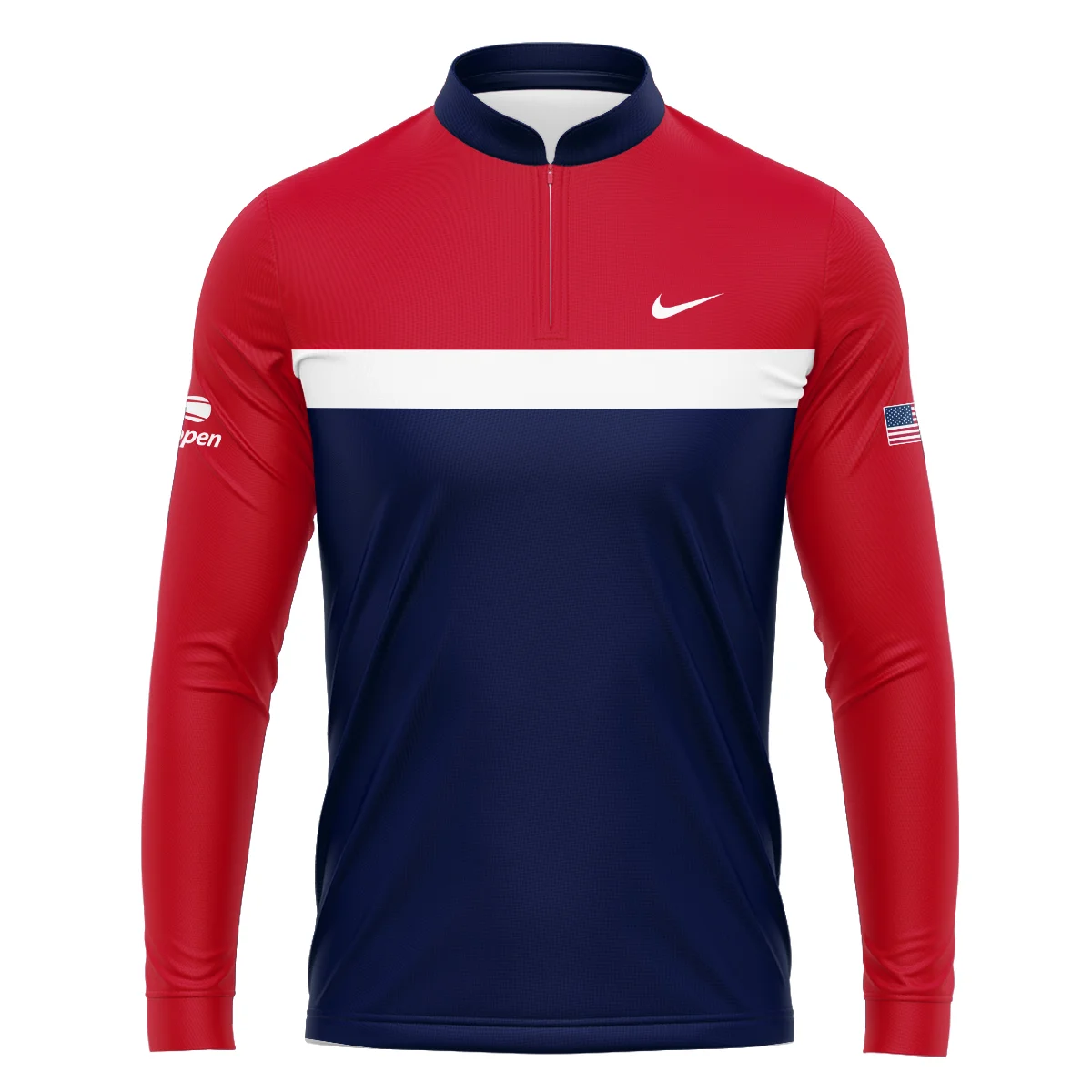 Nike Blue Red White Background US Open Tennis Champions Mandarin collar Quater-Zip Long Sleeve