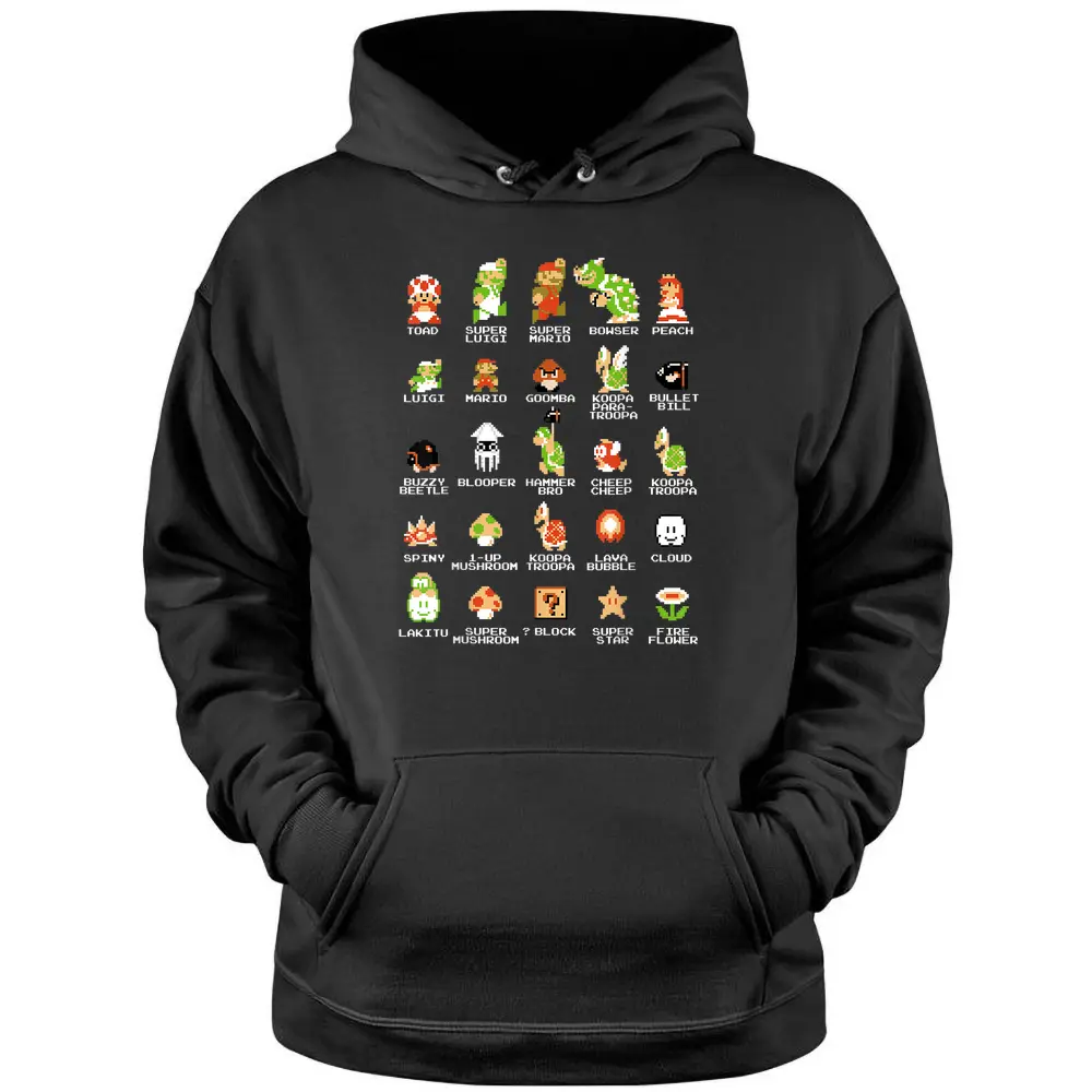 Nintendo Super Mario 8-bit Pixel Icons List Vintage Pullover Hoodie