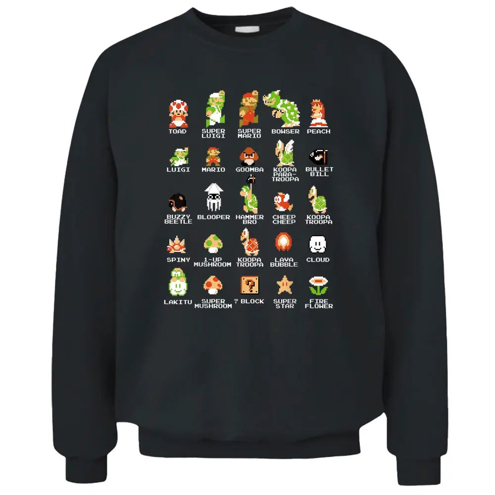 Nintendo Super Mario 8-bit Pixel Icons List Vintage Pullover Sweatshirt