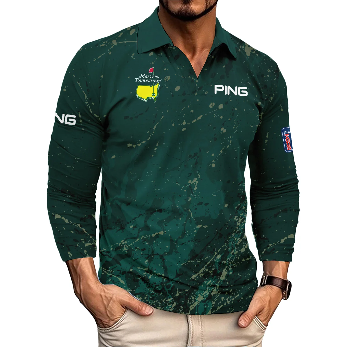 Old Cracked Texture With Gold Splash Paint Masters Tournament Ping Vneck Long Polo Shirt Style Classic Long Polo Shirt For Men