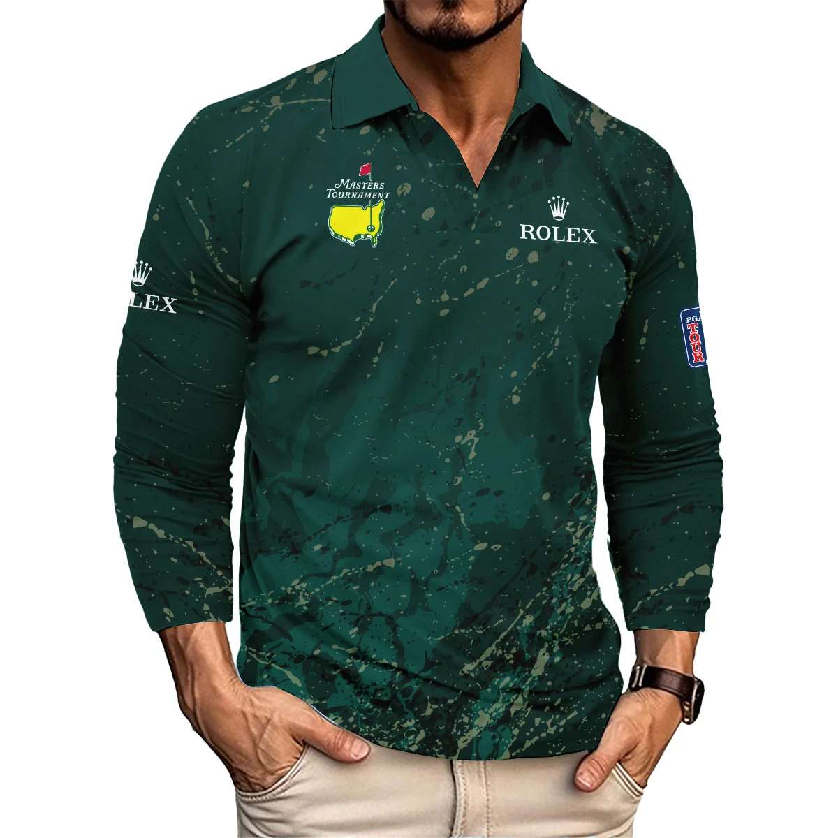 Old Cracked Texture With Gold Splash Paint Masters Tournament Rolex Vneck Long Polo Shirt Style Classic Long Polo Shirt For Men