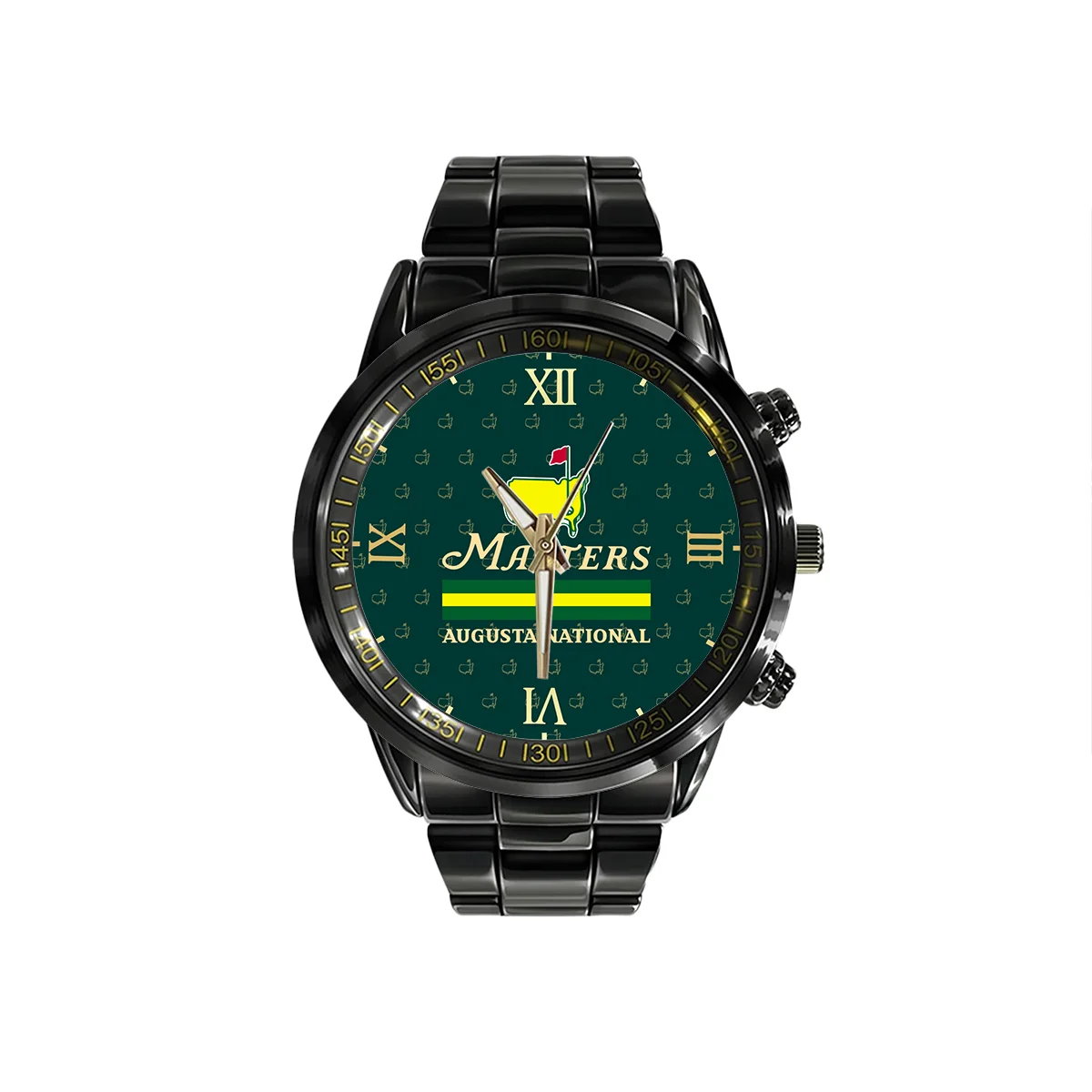 Masters Tournament Black Stainless Steel Watch Vintage Clock Roman Numerals All Over Prints