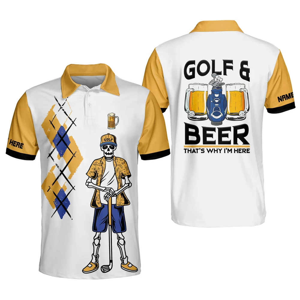 Personalized Funny Skull Golf Shirt for Men Skull Golf and Beer Lightweight Short Sleeve Polo Shirts for Men GOLF