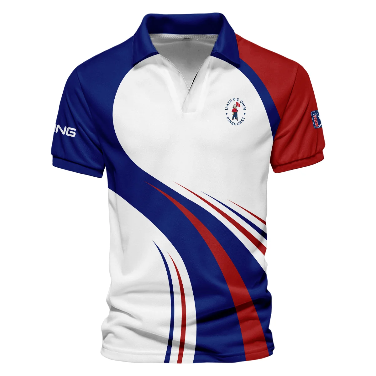 Ping 124th U.S. Open Pinehurst Golf Blue Red White Background Polo Shirt Mandarin Collar Polo Shirt