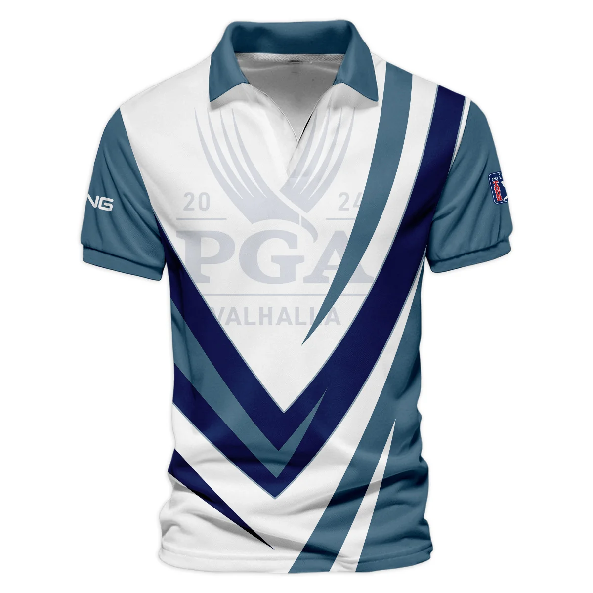 Ping 2024 PGA Championship Valhalla Dark Moderate Blue White Blue Vneck Polo Shirt Style Classic Polo Shirt For Men