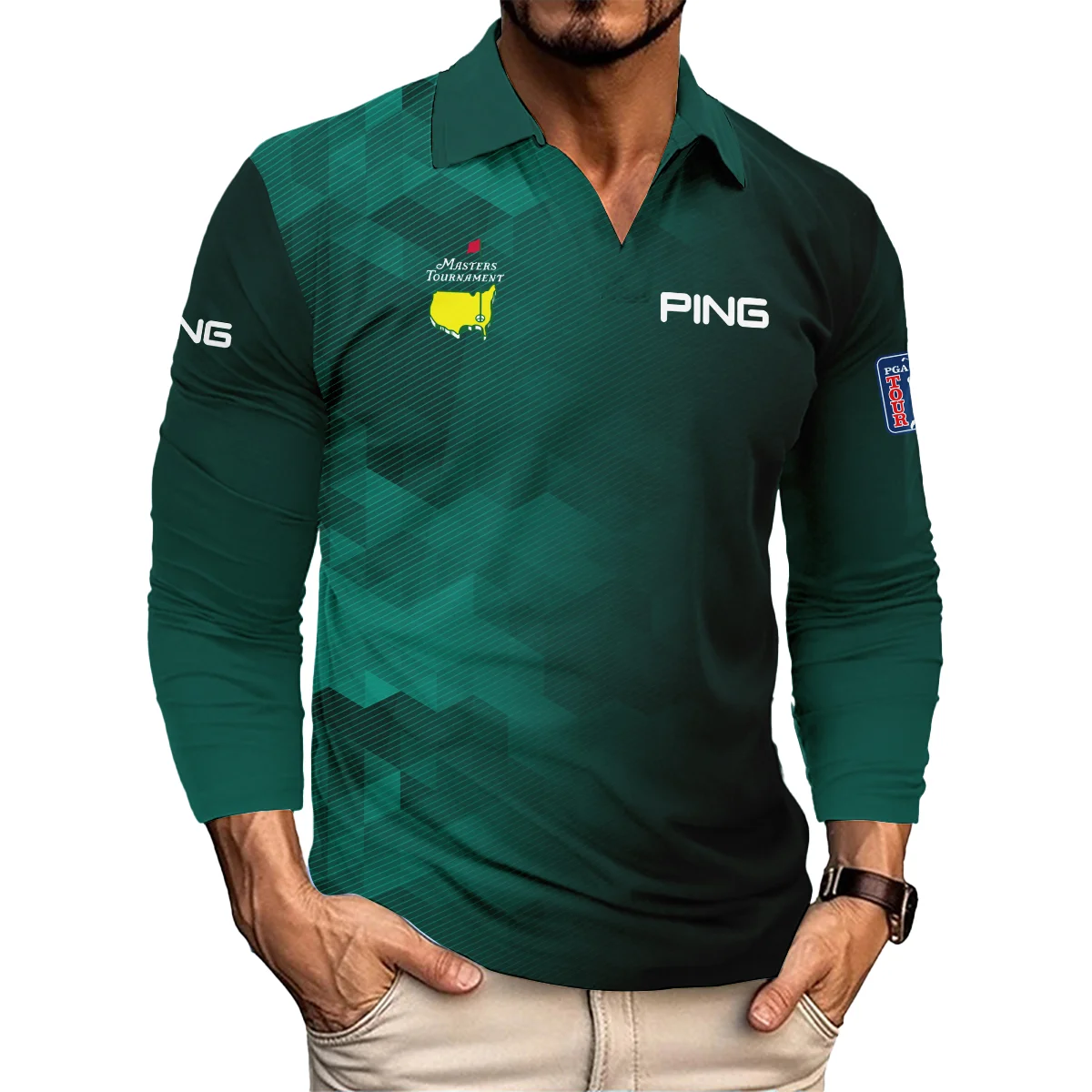 Ping Golf Sport Dark Green Gradient Abstract Background Masters Tournament Vneck Long Polo Shirt Style Classic Long Polo Shirt For Men