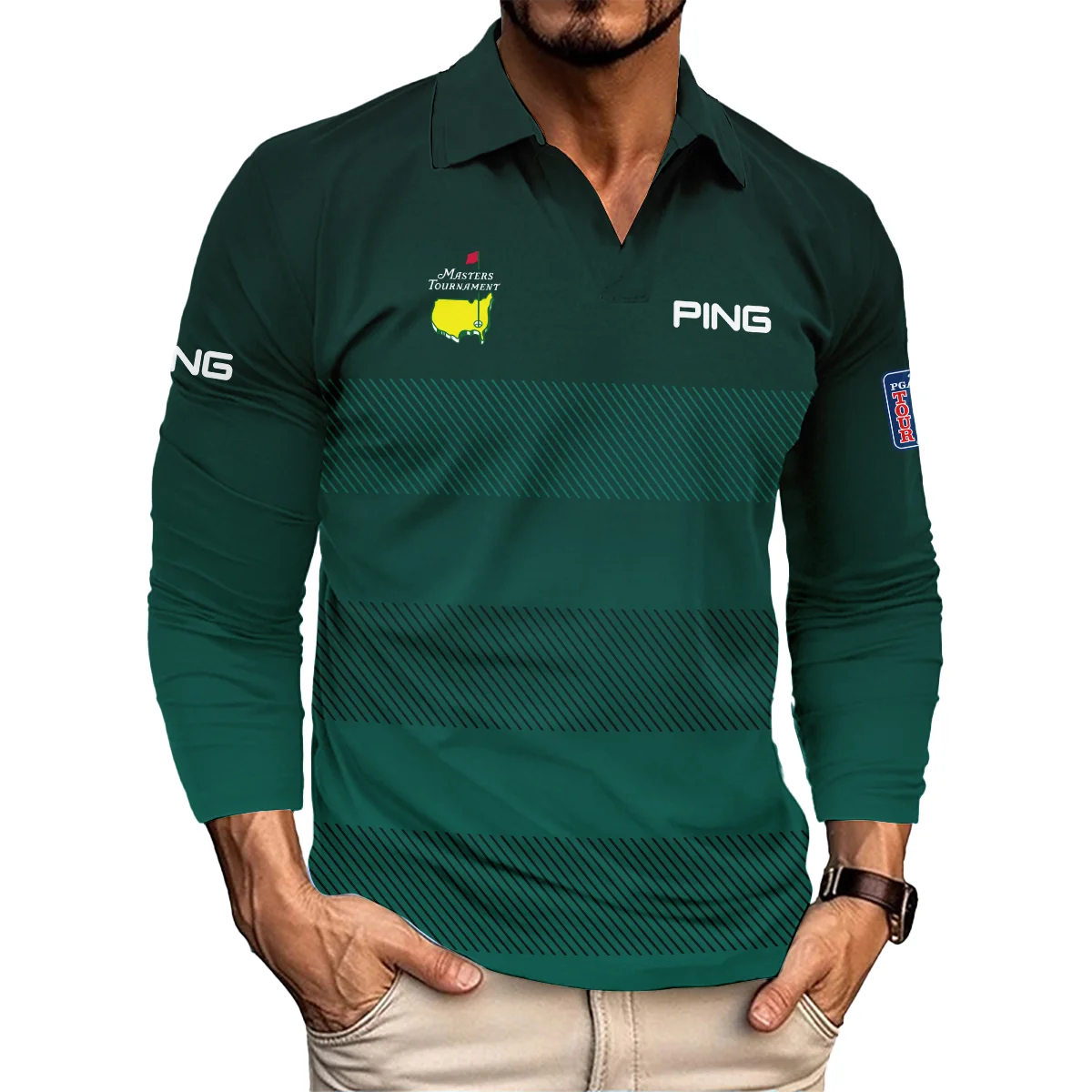Ping Masters Tournament Dark Green Gradient Stripes Pattern Golf Sport Vneck Long Polo Shirt Style Classic Long Polo Shirt For Men