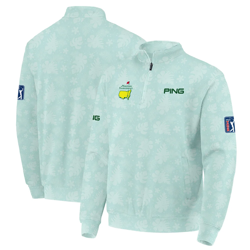 Ping Masters Tournament Sports Zipper Polo Shirt Green Pastel Floral Hawaiian Pattern All Over Print Zipper Polo Shirt For Men