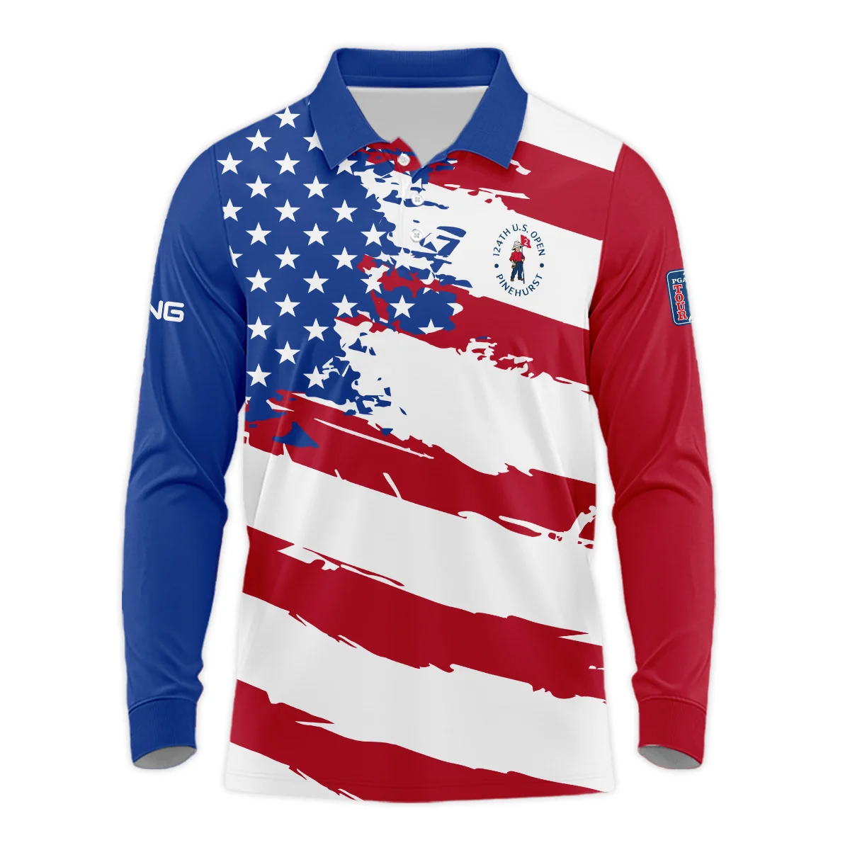Ping US Flag Blue Red Stars 124th U.S. Open Pinehurst Style Classic, Short Sleeve Polo Shirts Quarter-Zip