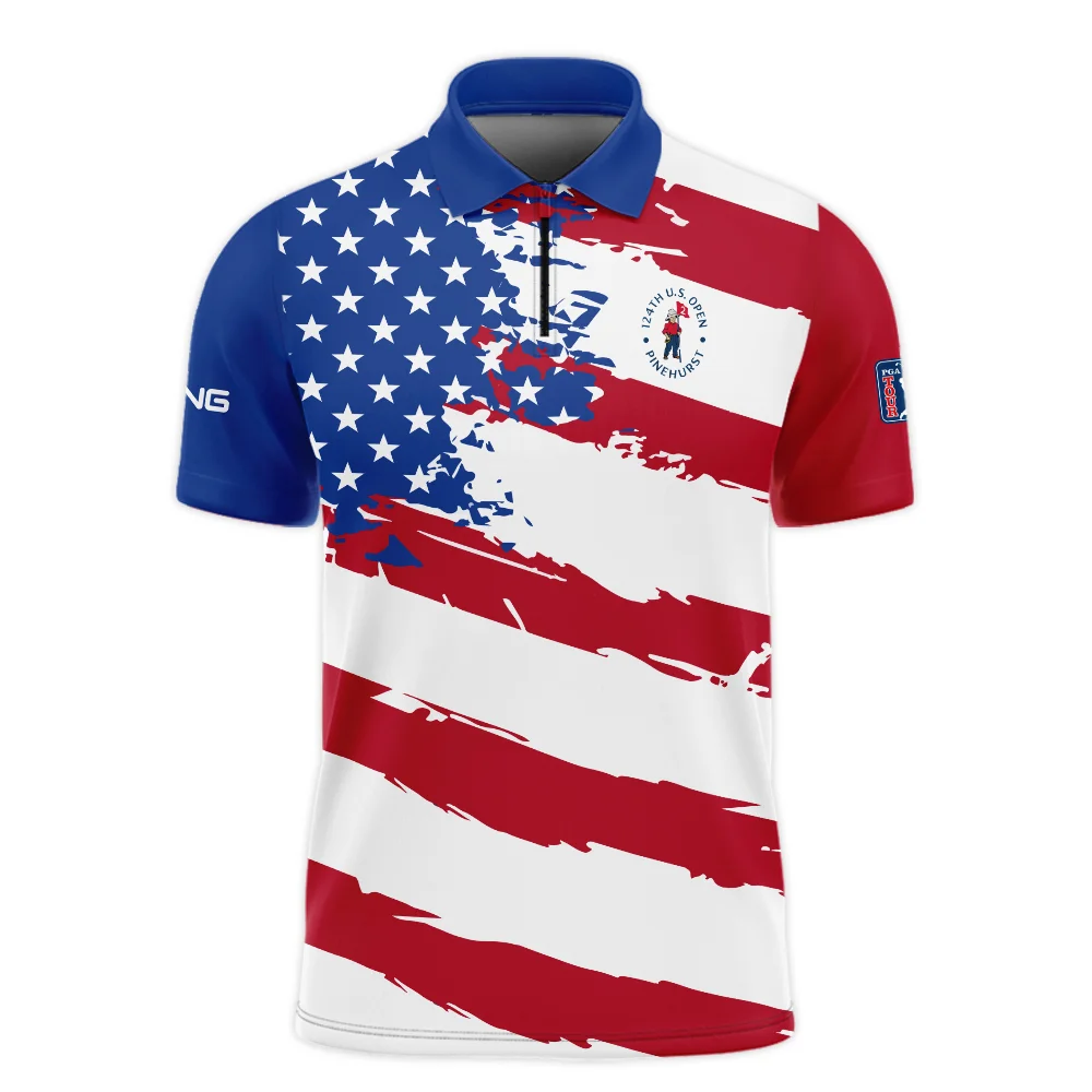 Ping US Flag Blue Red Stars 124th U.S. Open Pinehurst Polo Shirt Mandarin Collar Polo Shirt