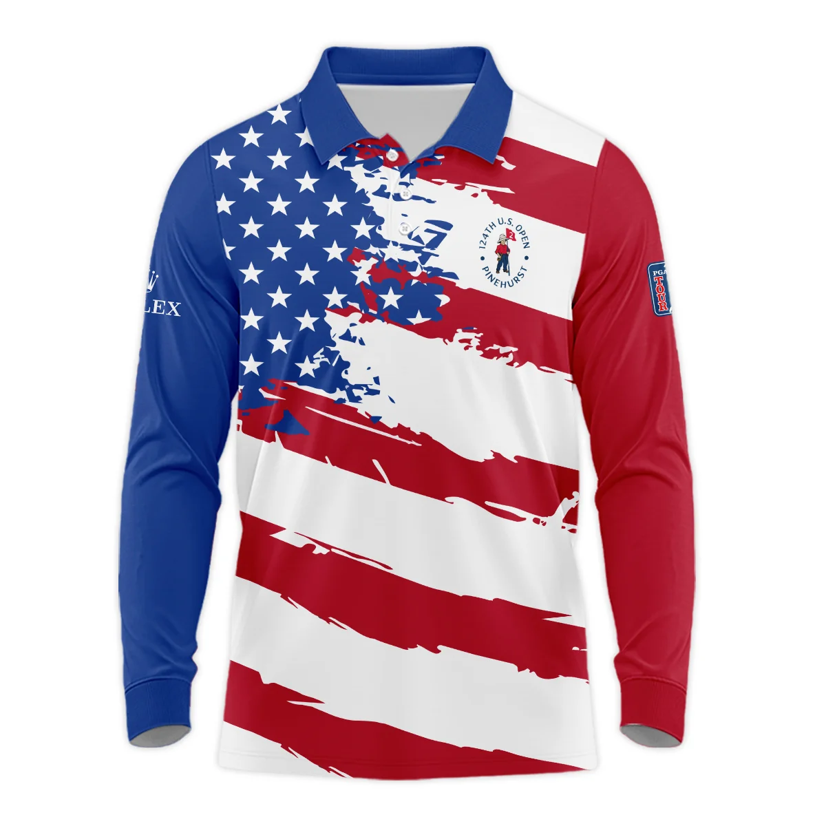 Rolex US Flag Blue Red Stars 124th U.S. Open Pinehurst Style Classic, Short Sleeve Polo Shirts Quarter-Zip