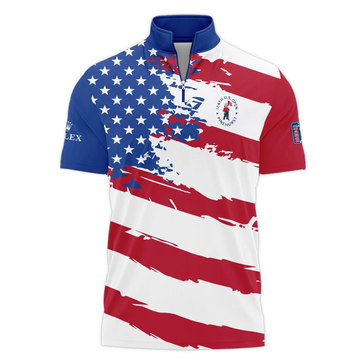 Rolex US Flag Blue Red Stars 124th U.S. Open Pinehurst Style Classic, Short Sleeve Polo Shirts Quarter-Zip