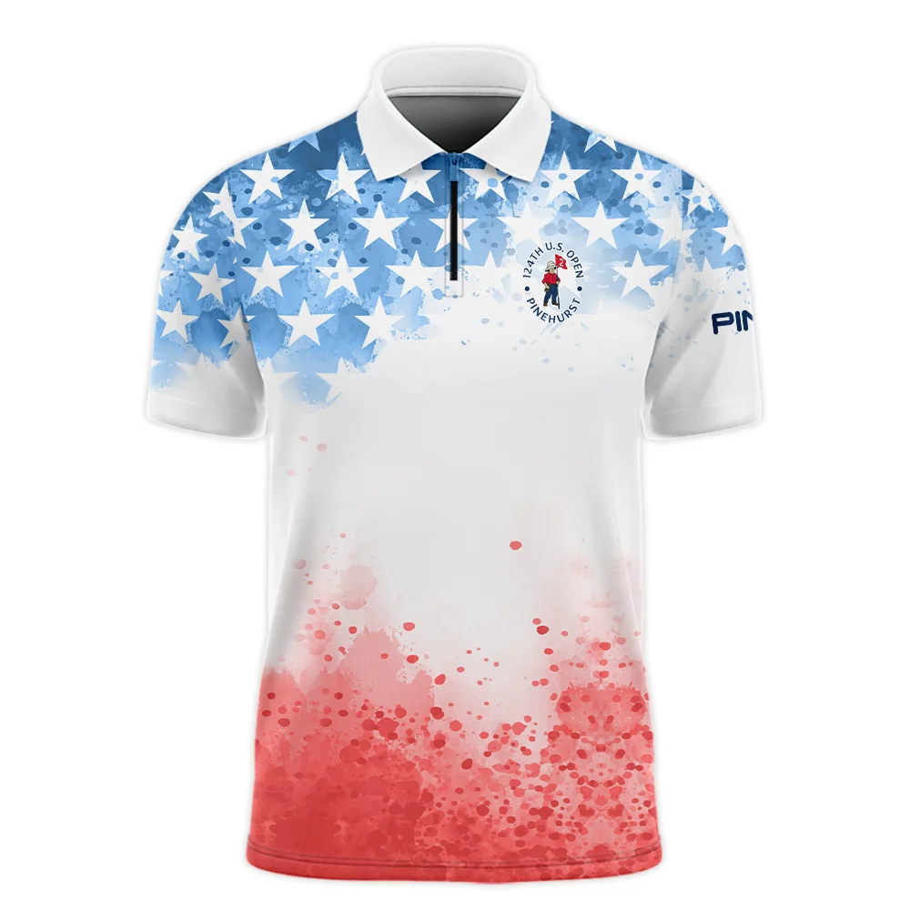 Special Version 124th U.S. Open Pinehurst Ping Zipper Polo Shirt Watercolor Blue Red Stars Zipper Polo Shirt For Men