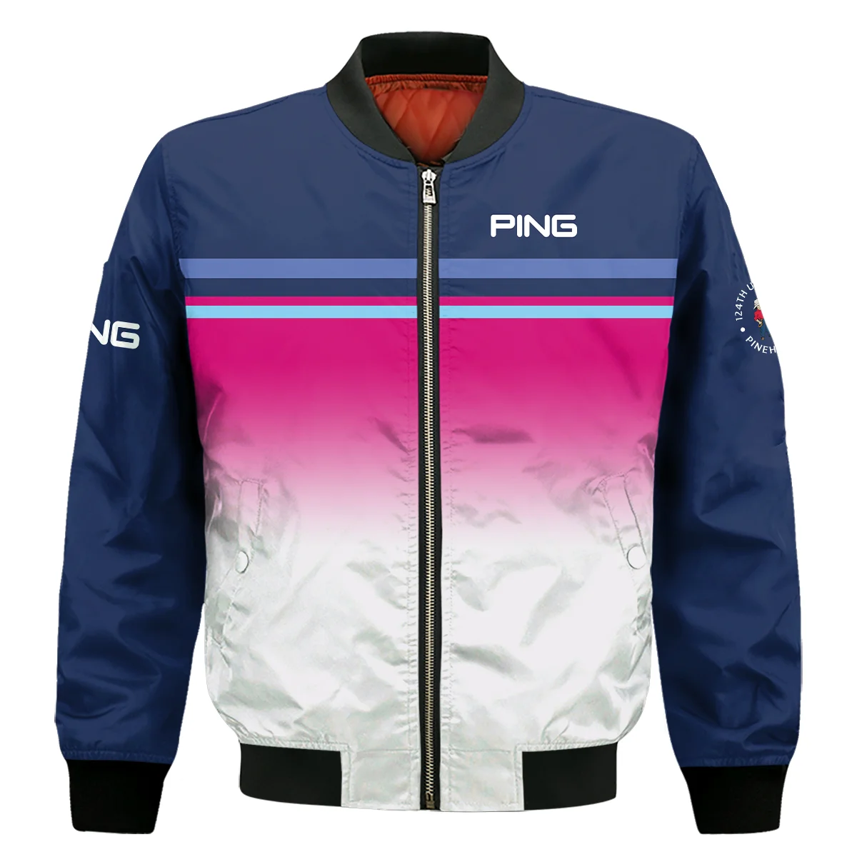 Sport Ping 124th U.S. Open Pinehurst Bomber Jacket White Strong Pink Very Dark Blue Pattern  All Over Print Bomber Jacket