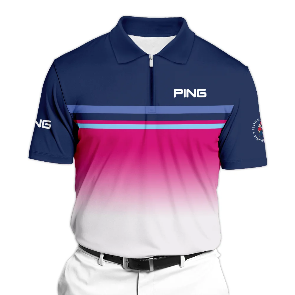 Sport Ping 124th U.S. Open Pinehurst Zipper Polo Shirt White Strong Pink Very Dark Blue Pattern  All Over Print Zipper Polo Shirt For Men