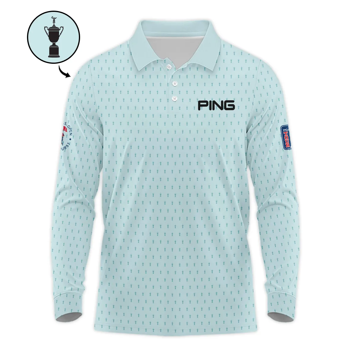 Sports 124th U.S. Open Ping Pinehurst Zipper Polo Shirt Cup Pattern Pastel Green All Over Print Zipper Polo Shirt For Men