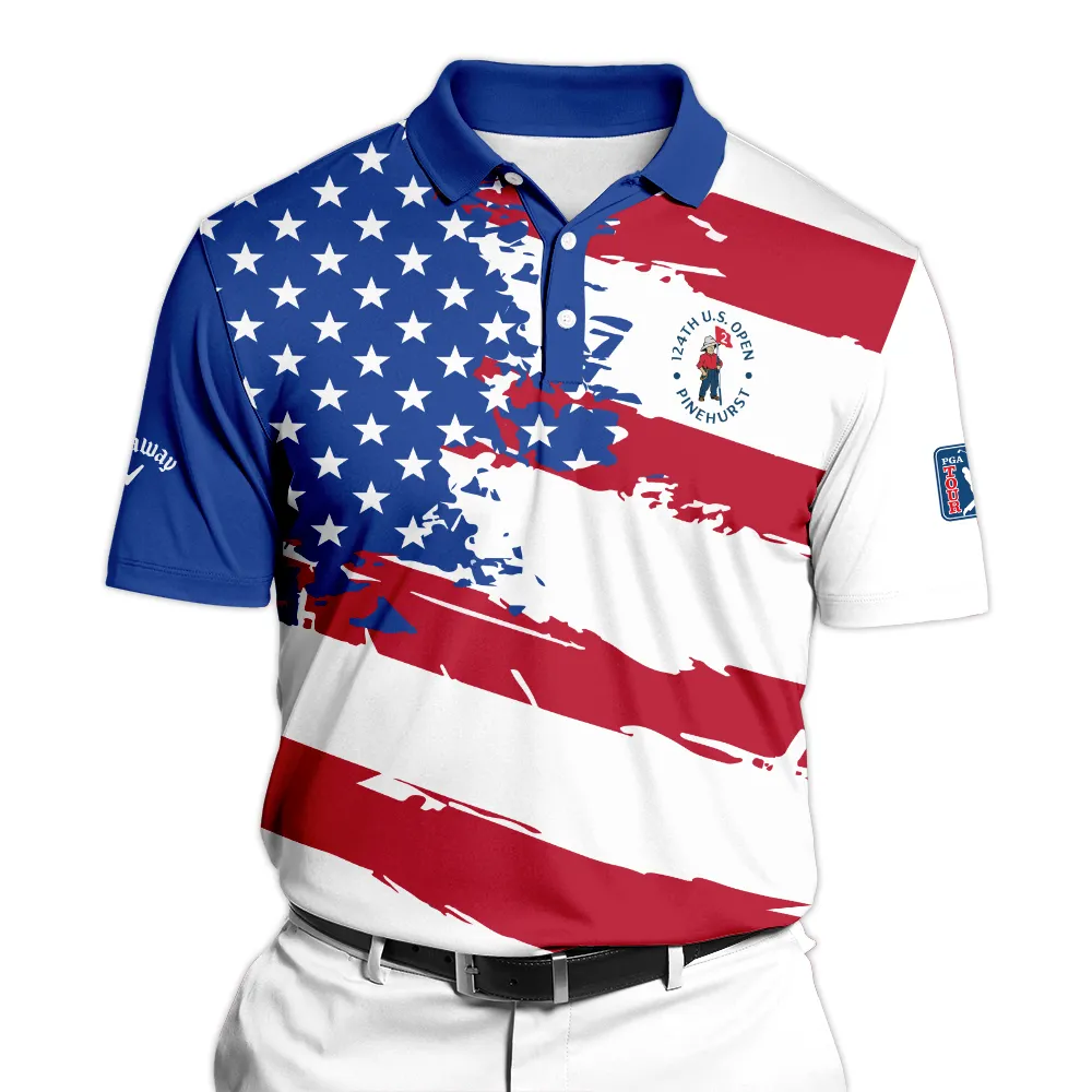 Sports Callaway 124th U.S. Open Pinehurst Zipper Polo Shirt USA Flag Grunge White All Over Print Zipper Polo Shirt For Men