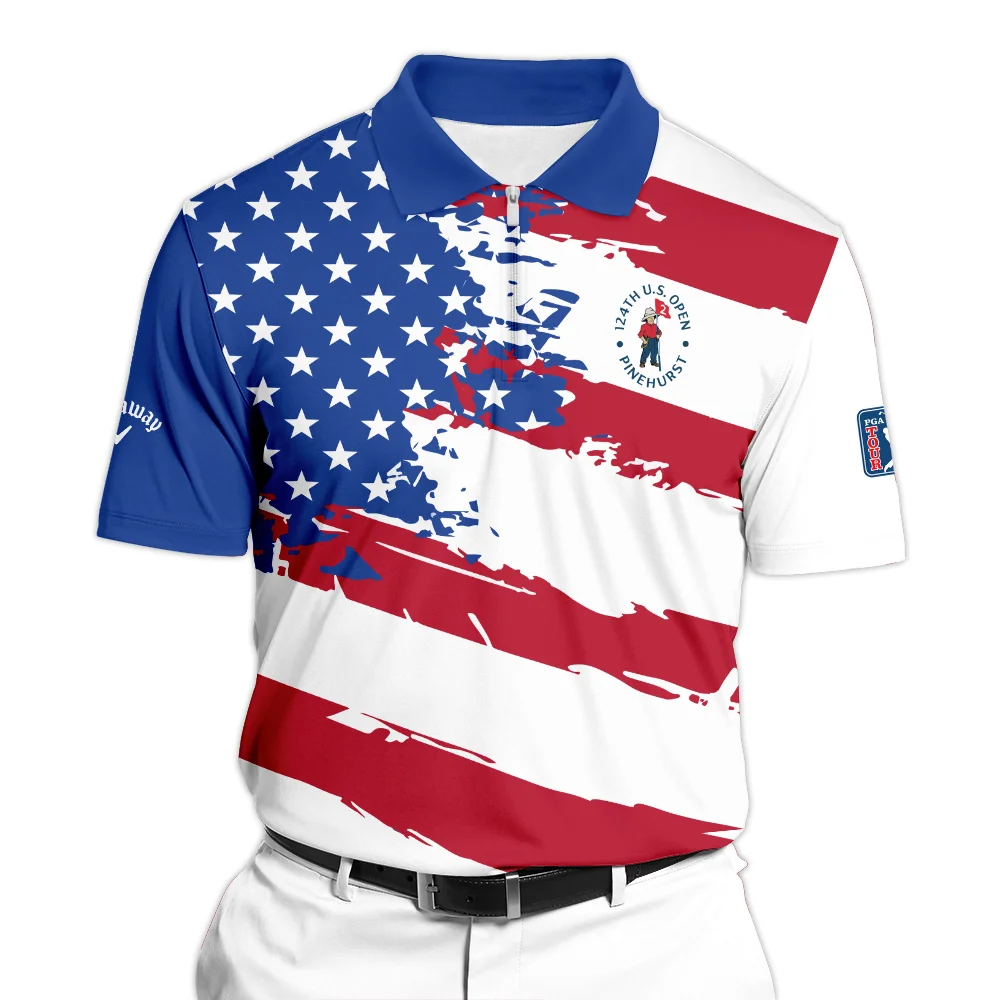 Sports Callaway 124th U.S. Open Pinehurst Zipper Polo Shirt USA Flag Grunge White All Over Print Zipper Polo Shirt For Men
