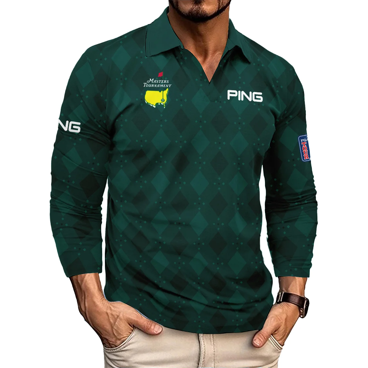 Dark Green Argyle Plaid Pattern Golf Masters Tournament Ping Long Polo Shirt Style Classic Long Polo Shirt For Men