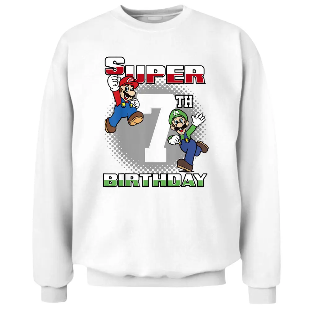 Super Mario And Luigi Super Birthday 7th Birthday Portrait Pullover Sweatshirt