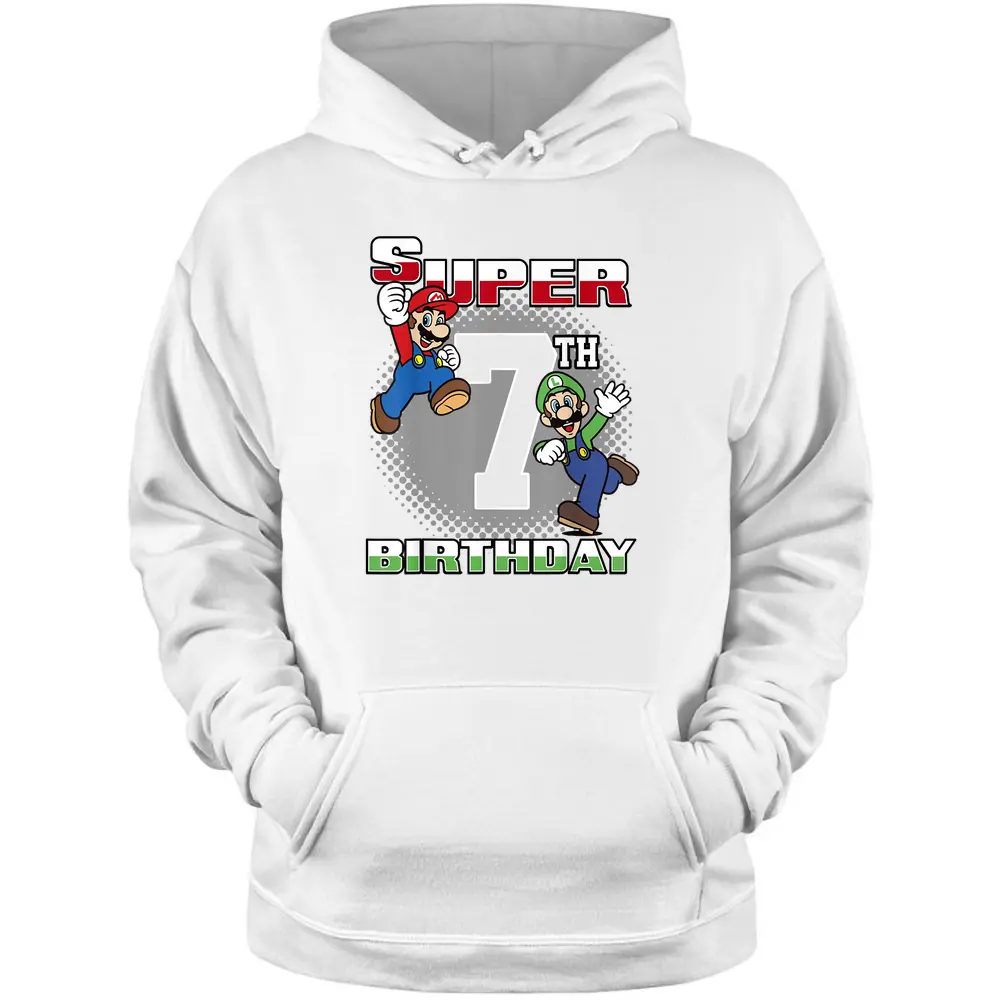 Super Mario And Luigi Super Birthday 7th Birthday Portrait Pullover Hoodie