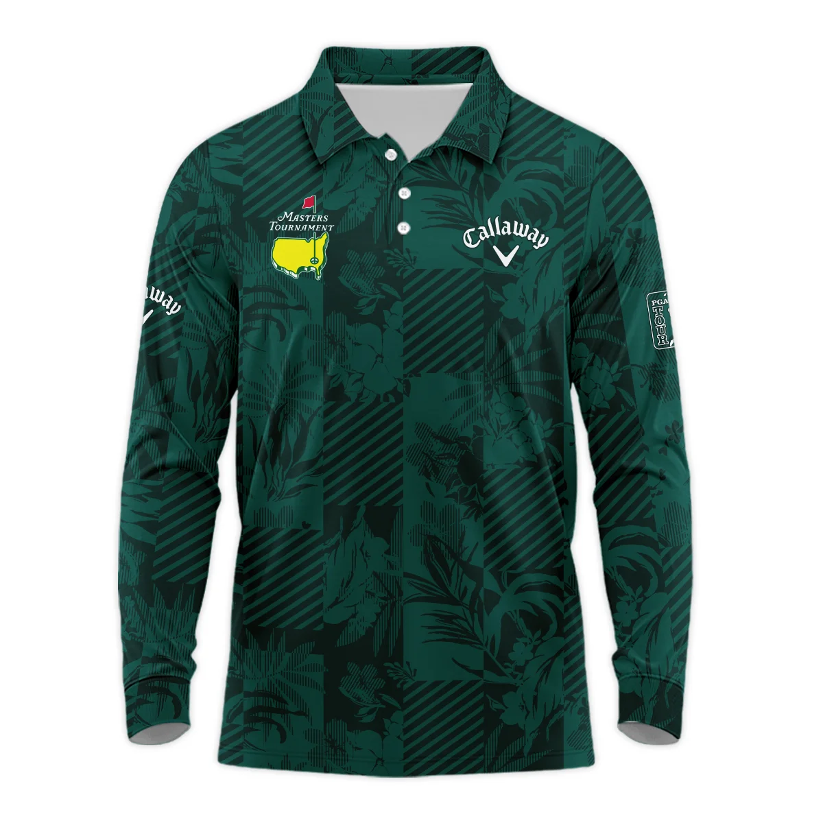 Tropical Leaves ,Foliage With Geometric Stripe Pattern Golf Masters Tournament Callaway Long Polo Shirt Style Classic Long Polo Shirt For Men