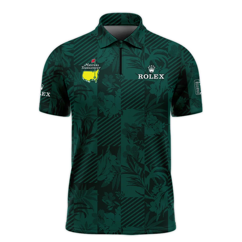 Tropical Leaves ,Foliage With Geometric Stripe Pattern Golf Masters Tournament Rolex Zipper Polo Shirt Style Classic Zipper Polo Shirt For Men