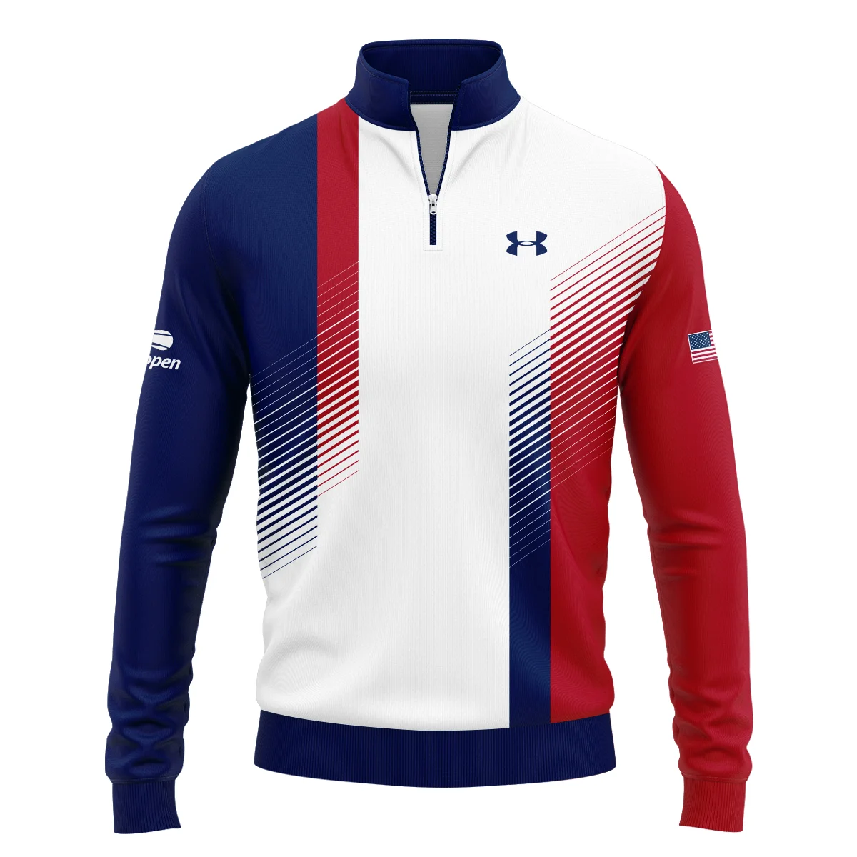 Under Armour Blue Red Straight Line White US Open Tennis Champions Mandarin collar Quater-Zip Long Sleeve