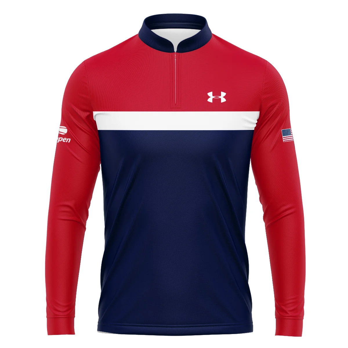 Under Armour Blue Red White Background US Open Tennis Champions Mandarin collar Quater-Zip Long Sleeve