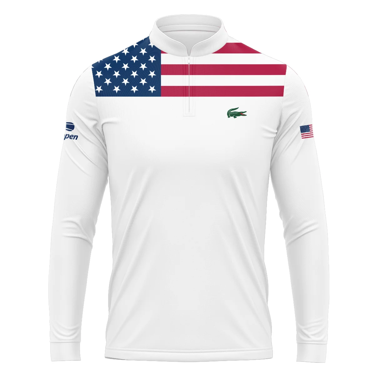 US Open Tennis Champions Lacoste USA Flag White Polo Shirt Mandarin Collar Polo Shirt